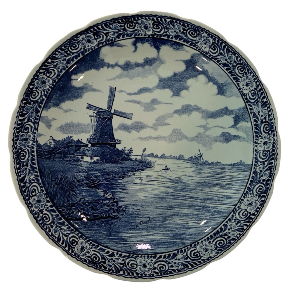 Vintage Nour du Chattel Boch Belgium Delft Blue &White Windmill Scene Decorative
